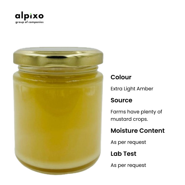 Extra light amber mustard honey sourced from mustard-rich farms.